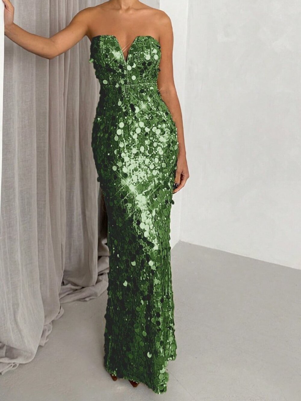 Dark Green Party Women's Sequin Patchwork Elegant Cinched Waist Strapless Dress